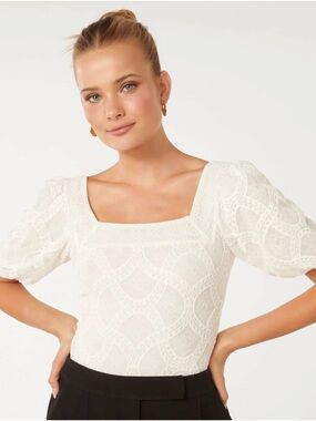 Ever New ivory Cream Lace Square-Neck Puff Sleeve Top